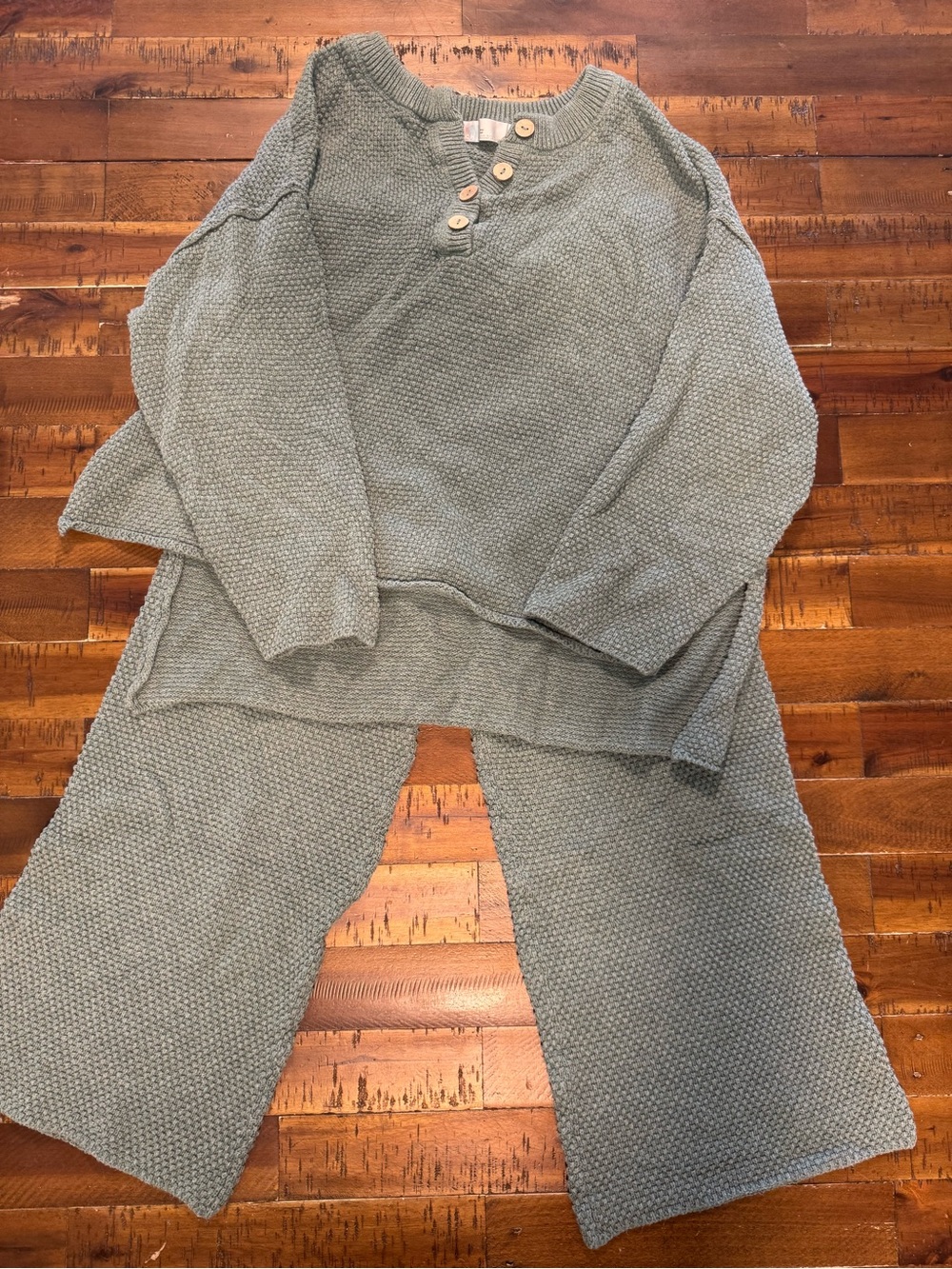 Free People Light Sage Green Textured Knit Crewneck with Button Placket